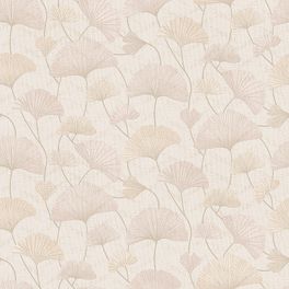 Шведские обои Sophia арт 5531 нежно розового и персикового оттенка  с орнаментом из листьев деревьев гинко глянцево золотым мерцанием для гламурной спальни.