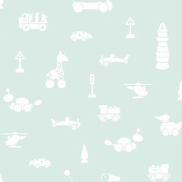 Флизелиновые обои Brio Icons, с изображением белых игрушек на бирюзовом фоне от Borastapeter из коллекции "Scandinavian Designers Mini".Купить обои в детскую,недорого в Москве. Доставка.