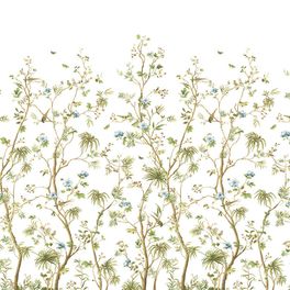 Панно Wallquest артикул GL22500M из каталога Grasslands с растительным цветочным узором с порхающими птицами зелено голубого оттенка на белом фоне в стиле шинуазри