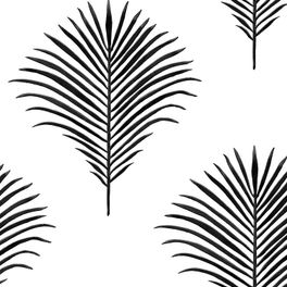 Натуральные американские обои коллекция Grasslands, артикул GL20200 с контрастным черным узором пальмовых листьев на белом фоне