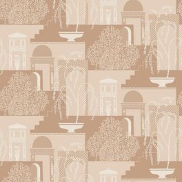 Дизайнерские шведские ретро обои MIMI 5516 с мелким силуэтным рисунком архитектуры древнего города в монохромном цвете персиково бежевых тонов из каталога Swedish Grace