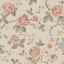Шведские обои Rosentrad из каталога New Heritage с узором ампирных роз  и пышными листьями на патинированном, тонком и узкополосном фоне имитирующем текстиль.