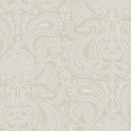 Обои из Великобритании Malabar оливково- серого оттенка, с изящным восточным орнаментом серебристого цвета. Выбрать, заказать обои для комнаты, бесплатная доставка.