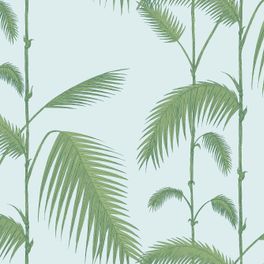 Обои для стен, с рисунком из пальм зеленого цвета на голубом фоне, Palm Leaves, The Contemporary Collection. Выбрать, заказать обои для комнаты, бесплатная доставка.