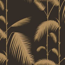 Английские обои для стен Palm Leaves, с рисунком из пальм песочного с золотом цвета на шоколадном фоне. Купить, заказать обои для комнаты, бесплатная доставка, онлайн оплата.