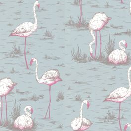 Купить английские обои Flamingos от компании Cole & Son, с грациозными фламинго на голубом фоне. Выбрать, заказать обои, бесплатная доставка, онлайн оплата.