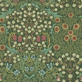 Рисунок классических английских цветочных дизайнерских обоев в зеленой гамме для классических интерьеров