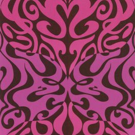 Обои арт. 69/7125. Рисунок в стиле 60-х годов с калейдоскопическим узором розовых тонов, на фоне баклажанового цвета. Купить обои в Москве, салон обоев, магазин обоев