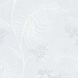 Обои арт. 69/8133. Пышная мимоза с листвой и цветами волнообразно тянется вверх и визуально вытягивая высоту помещения. Принт выполнен в сочетании серо - голубых оттенков с белым цветом. Стильный интерьер, фото в интерьере, каталог онлайн