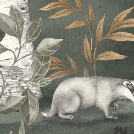 Крупное фото панно на стену Wild Forest Mural артикул 6943 из каталога Newbie Wallpaper II от Borastapeter с рисунком лесных птиц и животных.