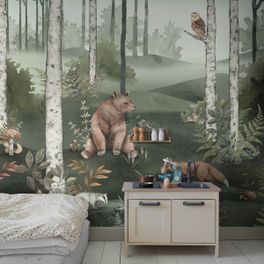 Крупное фото панно на стену Wild Forest Mural артикул 6943 из каталога Newbie Wallpaper II от Borastapeter с рисунком лесных птиц и животных в интерьере детской спальни.
