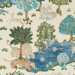 Подобрать дизайнерские обои Pamir Garden арт. 216766 из коллекции Caspian от Sanderson, с фантазийными узорами, стилизованными деревьями ,тиграми и антилопами, для ремонта в загородном доме.