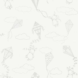 Обои  из Швеции коллекция Newbie, с рисунком под названием Up&Away выполнен на  белом фоне на которых изображен заяц поднимающийся на воздушном змее среди облаков , идеально подойдут для игровой. Большой ассортимент Шведские обои купить, салон обоев ОДизайн, в интернет-магазине, бесплатная доставка, оплата онлайн.