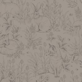 Заказать флизелиновые обои из Швеции коллекция Newbie от Borastapeter, с рисунком под названием Forest Friends – Лесные друзья. На рисунке отдыхающие на полянке заяц, барсук, лисичка, белочка и лягушка нарисованные тонкими линиями.