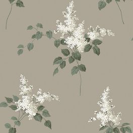 Обои из Швеции коллекция Falsterbo lll от Borastapeter. Рисунок под названием Lilacs – Сирень с белыми цветами на ветке на темно-бежевом фоне. Обои для гостиной или кабинета с бесплатной доставкой
