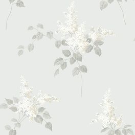 Обои из Швеции коллекция Falsterbo lll от Borastapeter арт.7669. Рисунок под названием Lilacs – Сирень с белыми цветами на светло-сером фоне. Обои для кухни, онлайн оплата