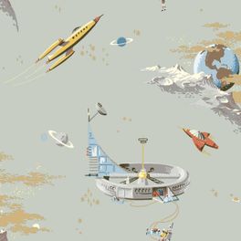 Рисунок детских обоев Space Adventure Favored One, арт. 8154 из каталога Fairyland, где яркие космические корабли, астронавты и планеты плавают среди золотых звезд и мерцающей звездной пыли. Флизелиновые обои премиум-класса в интернет магазине с доставкой. Шведские экологичные обои.