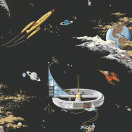 Купить детские обои Space Adventure  Volcanique, арт. 8155 из каталога Fairyland,  где яркие космические корабли, астронавты и планеты плавают среди золотых звезд и мерцающей звездной пыли. Флизелиновые обои премиум-класса в интернет магазине с доставкой. Шведские экологичные обои.
