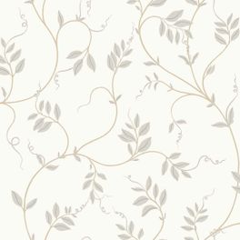 Раппорт флизелиновых обоев Boråstapeter Klockranka Beige (арт. 8713). Узор с деликатной вьющейся листвой с бежевыми усиками и тёплыми серыми листьями на тёплом белом фоне. Коллекция Herrgård от Boråstapeter.