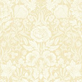 Раппорт флизелиновых обоев Boråstapeter Hildasholm Yellow (арт. 8721). Крупноцветковый узор с пионами, тюльпанами, маками, аквилегией, ландышами и лилейниками в белых тонах на светло-жёлтом фоне. Коллекция Herrgård от Boråstapeter.
