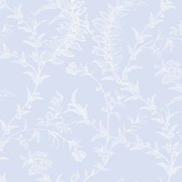 Обои Ludlow с узором из тонких стеблей, листьев, плодов и соцветий полевых растений белого цвета на бледно-голубом фоне, имитирующем изящную вышивку на ткани. Обои для спальни, столовой. Купить обои в салонах ОДизайн.
