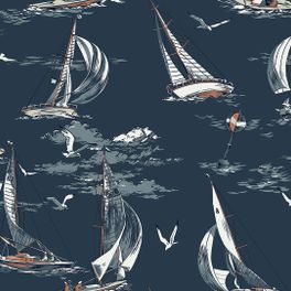 Продажа обоев для стен из Швеции коллекция Marstrand ll, с рисунком лодка Sailboats, обои для кабинета, для гостиной, для детской, темно-синем фоне. Купить в интернет-магазине, салон обоев ОДизайн, большой ассортимент, бесплатная доставка, оплата онлайн