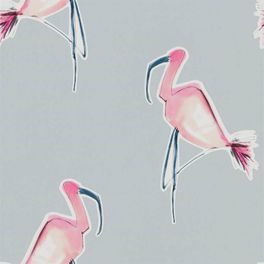 Купить модные обои в детскую арт. 112000 дизайн Zanzibar из коллекции Zanzibar от Scion, Великобритания с принтом в виде абстрактных фламинго ярко розового цвета на сером фоне в салоне обоев в Москве Odesign
