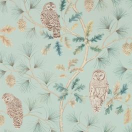 Подобрать  сказочные флизелиновые обои для ремонта кухни Owlswick из коллекции Elysian от Sanderson арт. 216596 с растительным рисунком деревьев и сов на сайте odesign.ru