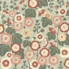 Цветочные обои Happy Hollyhocks Green Boråstapeter Flowers 9172 — узор крупным планом, шток-розы