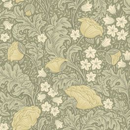 Цветочные обои Blomdansen Green Boråstapeter Flowers 9178 — узор крупным планом, маки и колокольчики