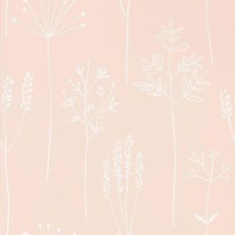 Оформить заказ на фирменные обои в спальню арт. 112018 дизайн Soetsu из коллекции Zanzibar от Scion, Великобритания с принтом в виде абстрактных растений белого цвета на припыленном розовом фоне в минималистичном стиле  на сайте Odesign.ru, бесплатная доставка