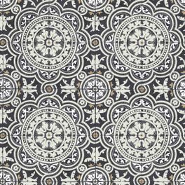 Обои арт. 94/8045. Яркий принт имитирующий керамическую плитку с ярким, традиционным растительным орнаментом в черно - белых тонах и золотистыми нюансами металлика. Английские обои Cole & Son