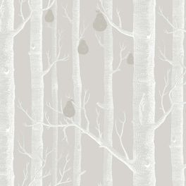 Рисунок обоев Woods & Pears изображает рощу с деревьями без листьев, светлая дымчато-серая композиция, которую дизайнеры украсили серебряными грушами. Английские обои. Купить обои для комнаты.