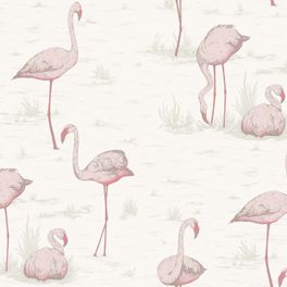 Обои Flamingos с изображением беспечных, грациозных фламинго, нарисованных в естественных розоватых тонах, красиво выделяющихся на фоне пастельных оттенков природы. Один из самых популярных дизайнов Cole & Son. Купить обои в спальню, гостиную, салоны обоев в Москве.