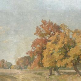 Цифровые обои для стен Hedgerow Landscape Orange, арт. 9668W от Borastapeter, с пейзажем обширных лугов и высокими деревьями, написанного маслом, представлено в теплых приглушенных тонах горчично-желтого, оранжевого и терракотового на фоне нежно-зеленой листвы и бледно-голубого неба. Заказать в интернет-магазине ODesign с бесплатной доставкой по всей России.