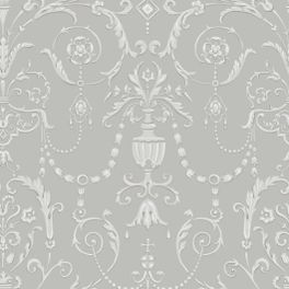 Обои Regalia от Cole & Son с жемчужным узором из композиции элементов королевских регалий и драгоценностей британской короны на серо-сизом фоне. Обои для гостиной, столовой, спальни купить в салонах ОДизайн, большой ассортимент.