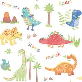 Обои в детскую с многоцветным узором животных и надписями на белом фоне и каталога  Aura Kids - Tiny Tots