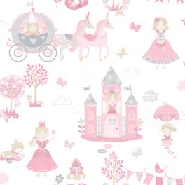 Флизелиновые обои в детскую для девочек с рисунком принцесс, животных и домиков в розовых оттенках на белом фоне
