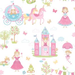 Обои флизелиновые с многоцветным сюжетным узором животных, принцесс и замков в детскую для девочек в розово молочных тонах
