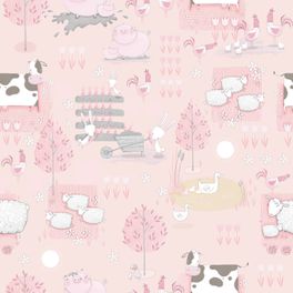 Флизелиновые обои в детскую с кантри узором животных на розовом фоне из каталога  Aura Kids - Tiny Tots
