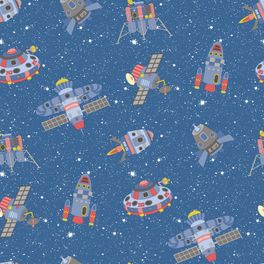 Флизелиновые обои на стену в детскую с узором космической техники на синем звездном небе из каталога Aura Kids - Tiny Tots