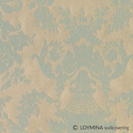 Флизелиновые обои "Bouquet" производства Loymina, арт.GT2 005/1, с классическим рисунком дамаска-медальона бирюзового цвета на бежевом фоне, купить в шоу-руме в Москве, бесплатная доставка