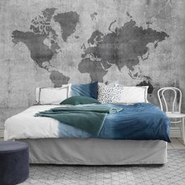 Современная спальня с фотопанно Concrete World Map, Mr Perswall в индустриальном стиле. Обои для стен в интернет-магазине, большой ассортимент, онлайн-оплата.