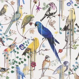 Флизелиновые обои от Christian Lacroix  PCL7017/02 с символичным рисунком из экзотических птиц и растений, на белом фоне, с графичными линиями, для создания глубины и иллюзии движения, с доставкой до дома