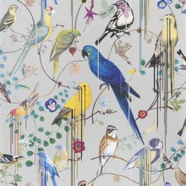 Флизелиновые обои от Christian Lacroix Birds Sinfonia с символичным рисунком из экзотических птиц и растений, на светло-сером фоне, с графичными линиями, для создания глубины и иллюзии движения, с доставкой до дома