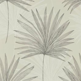 Купить обои в гостиную Mitende арт. 112230 из коллекции Mirador, Harlequin с рисунком из крупных пальмовых листьев на теплом сером фоне в салонах Москвы.
