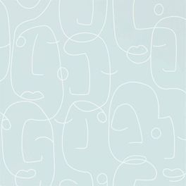Выбрать обои в столовую арт. 112008 дизайн Epsilon из коллекции Zanzibar от Scion, Великобритания с  принтом вдохновленным Пикассо в виде абстрактных портретов на серо-голубом фоне в интернет-магазине в Москве, большой ассортимент