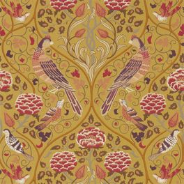 Дизайнерские бумажные обои арт. 216685 из коллекции Melsetter от Morris, Великобритания с разнообразными цветами и птицами в металлическом оттенке использовать для ремонта гостиной.