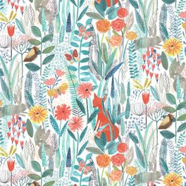 Выбрать разноцветные обои Hide And Seek арт. 112633 от Harlequin с акварельным изображением лис, кроликов и бабочек среди цветов и травы в интернет-магазине.