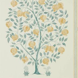 Английские обои Anaar в цветовой вариации ENGLISH GREY/WOAD артикул 216792 из каталога  Caspian от Sanderson с крупным узором грантового дерева серо бирюзового цвета с желтыми плодами обрамленным узорным багетом